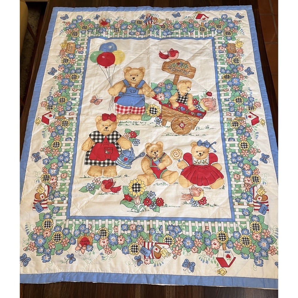Vtg‎ Gardening Blue Jean Teddy Bear Blanket Family Baby Quilt Handmade 34"x42"